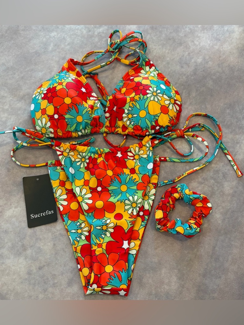 Sucrefas  Size:L Women Floral Triangle Bikini Set in Red, Yellow & Turquoise
